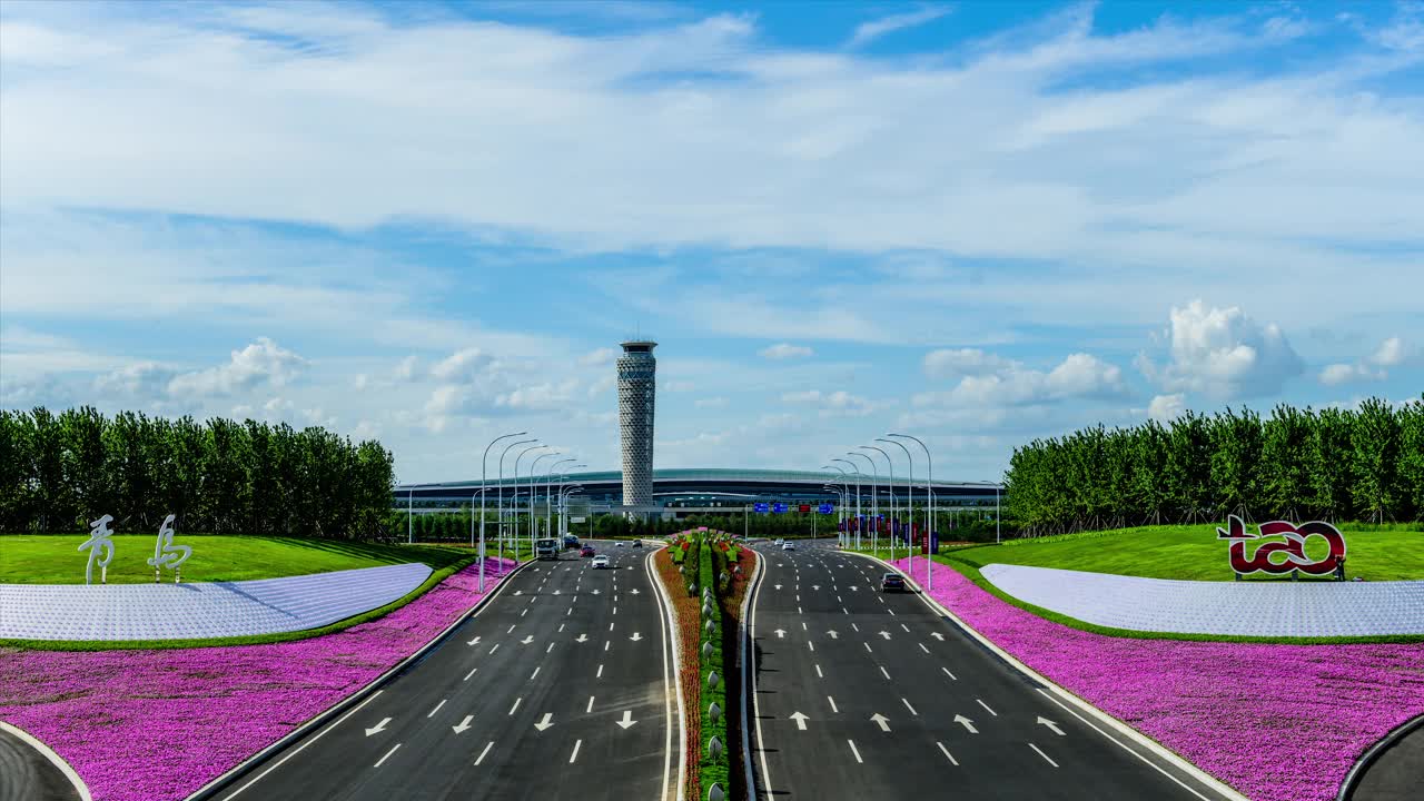 中国山东省青岛市胶州区青岛胶东国际机场无人机鸟瞰图视频素材