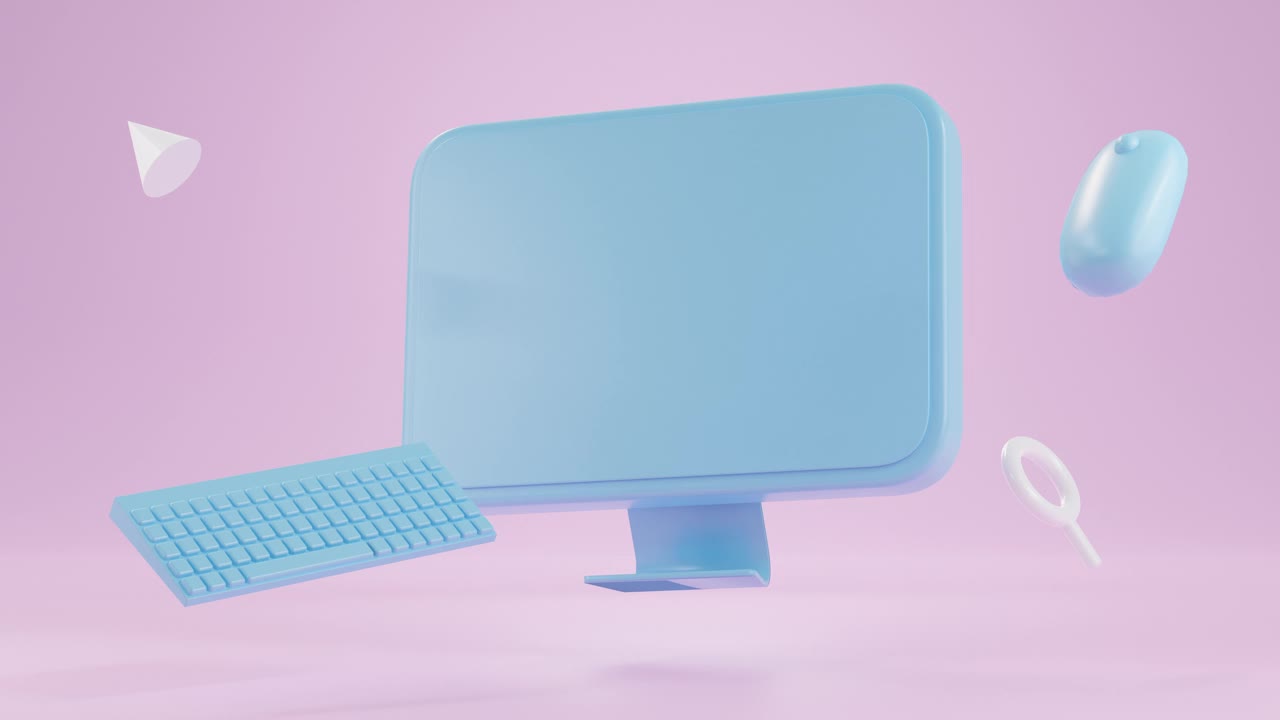 蓝色电脑显示器，鼠标，键盘浮动在粉红色背景上，3d渲染背景。概念:技术，设备，工作，搜索，视频下载