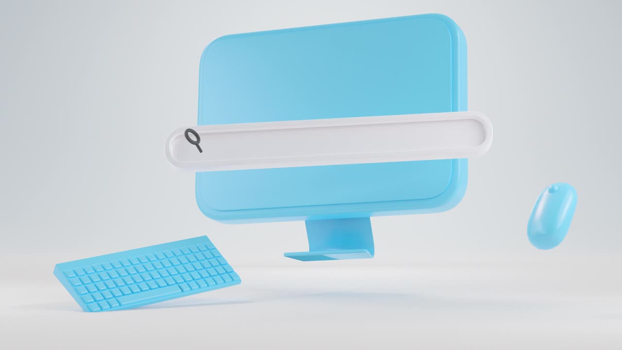 蓝色电脑搜索标签图标在屏幕上显示在白色的背景，3d动画渲染。视频素材