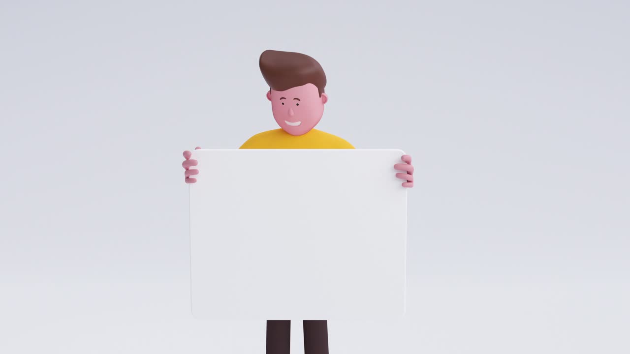 吉米3d动画人拿白板为复制空间，广告，促销。视频素材