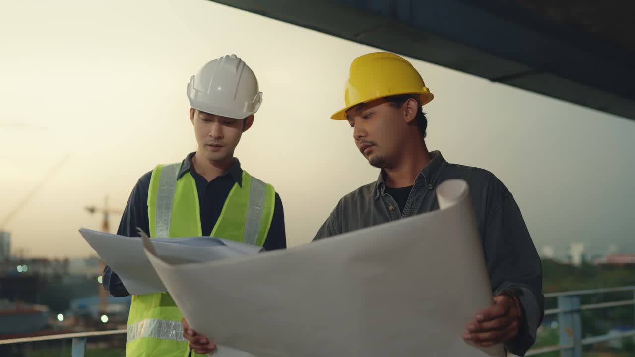 工程师和工头对现场结构进行咨询。视频下载
