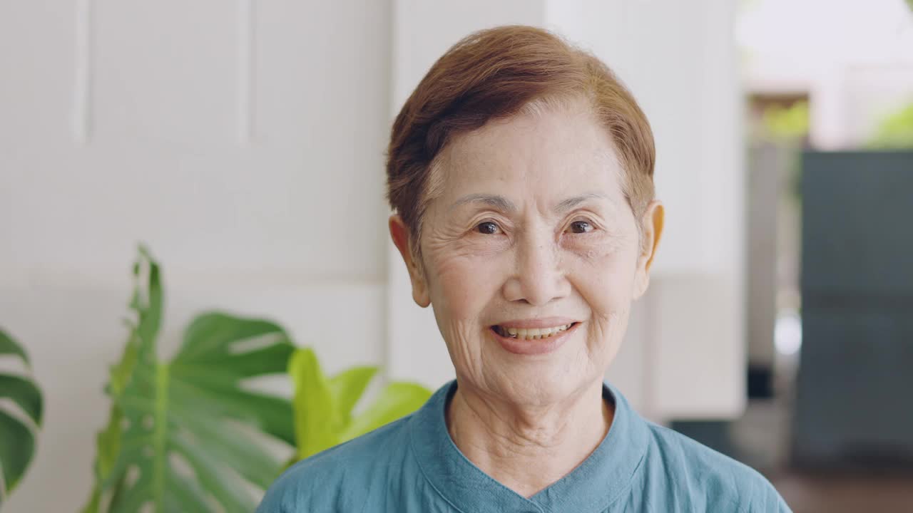 面向4K聚焦的亚洲(泰国和中国)老奶奶看着镜头微笑，对她快乐、快乐、健康的退休生活表现出积极和享受的表情。视频素材