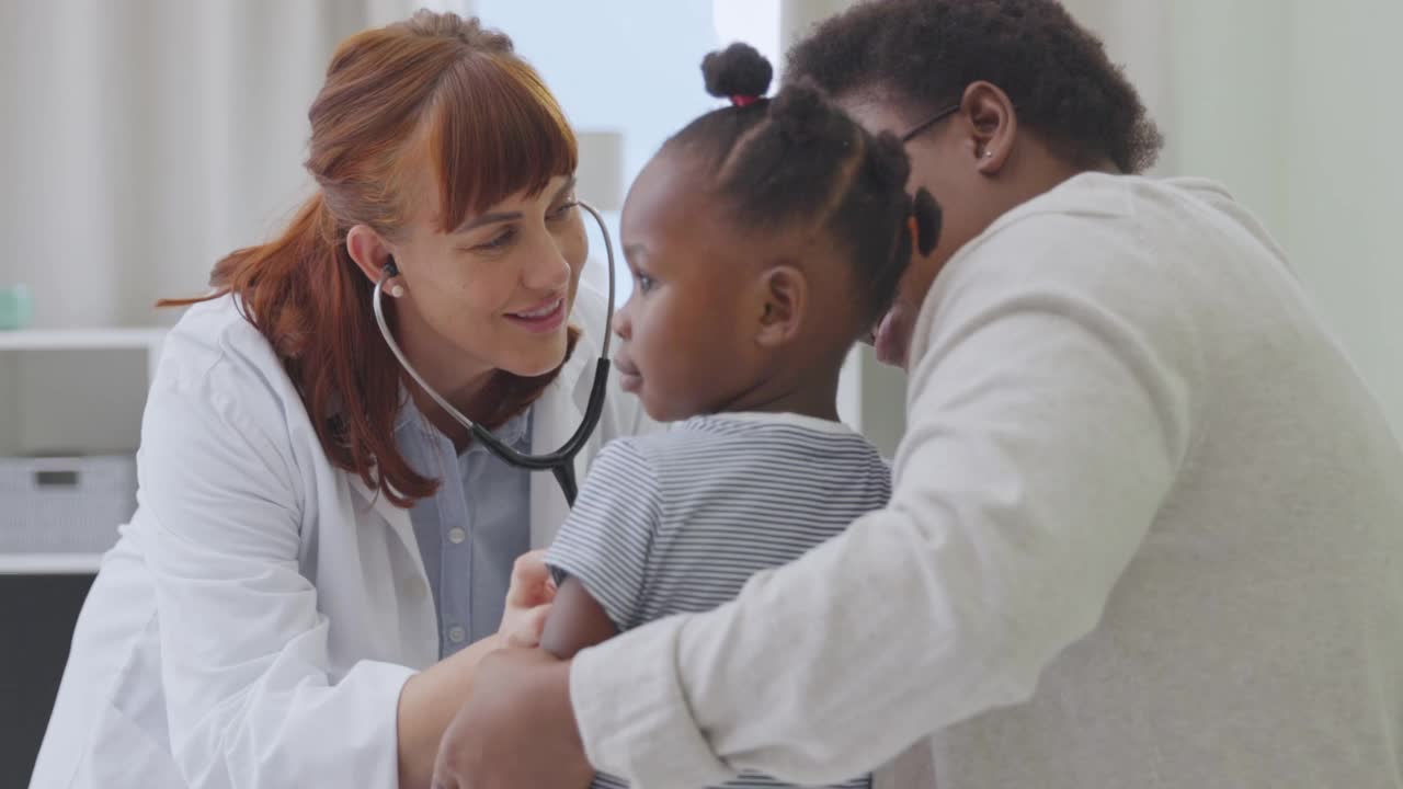 一段4k视频记录了一名医生拿着听诊器给坐在妈妈腿上的可爱小女孩做检查的画面视频素材