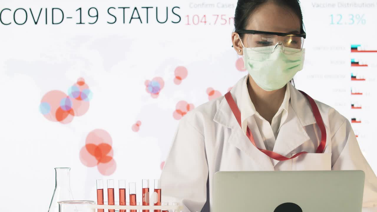 年轻的女科学家从事新冠病毒医学研究，在计算机上解决药物问题。视频素材