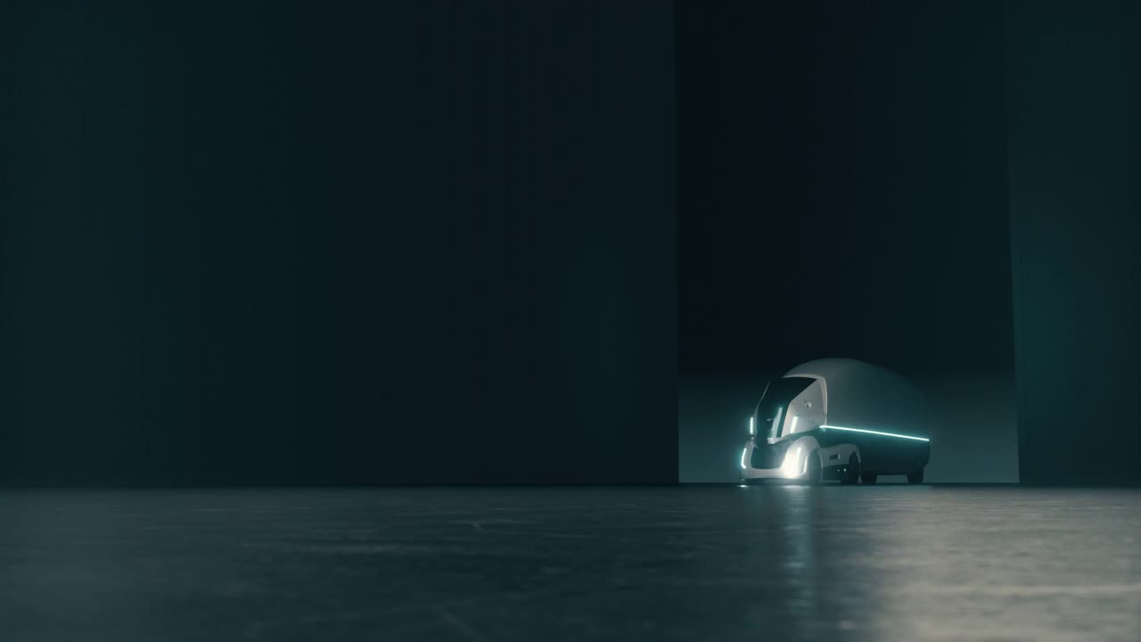 黑色抽象仓库里的白色自动驾驶电动卡车。视频素材