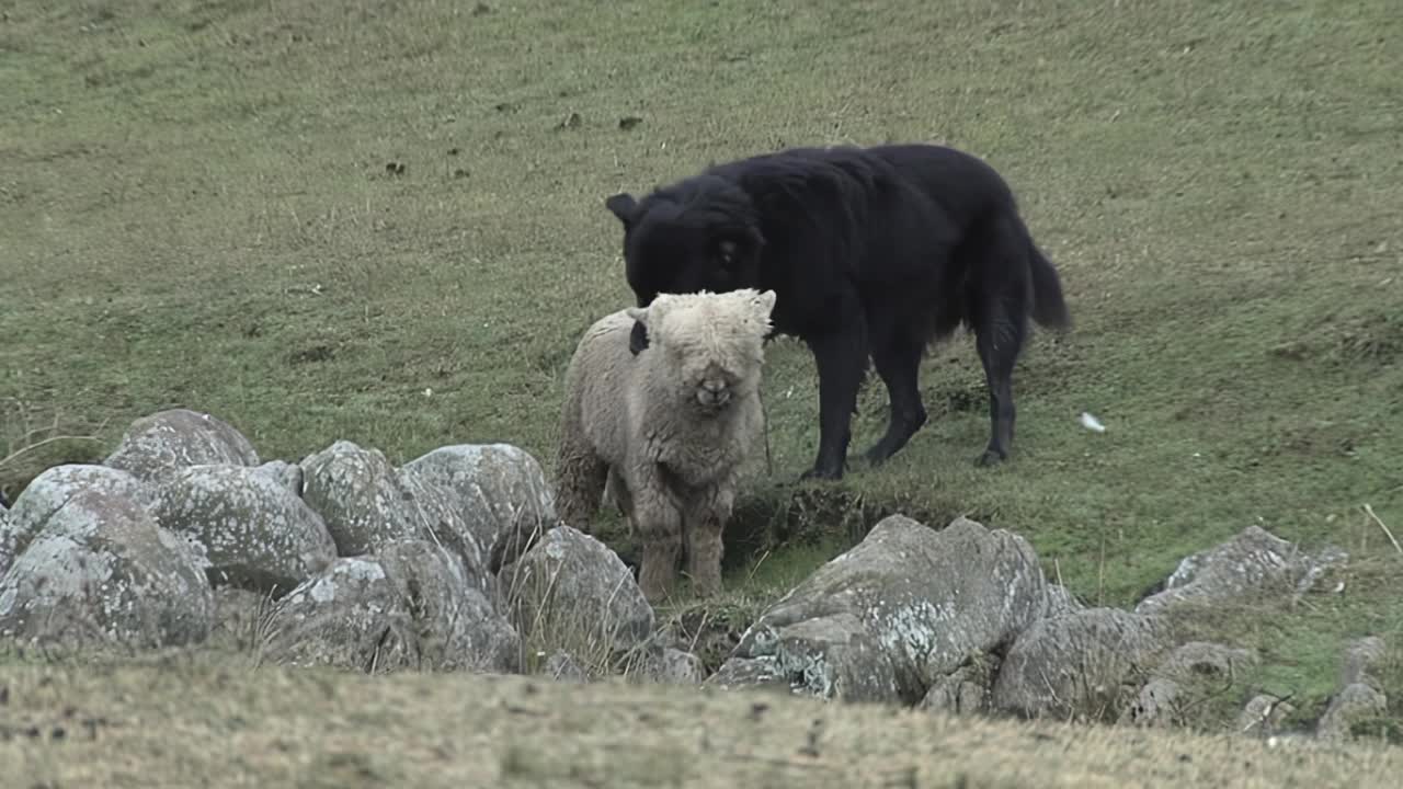 阿根廷，布宜诺斯艾利斯省，坦迪勒，一只狗在田野里放牧羊群。视频素材