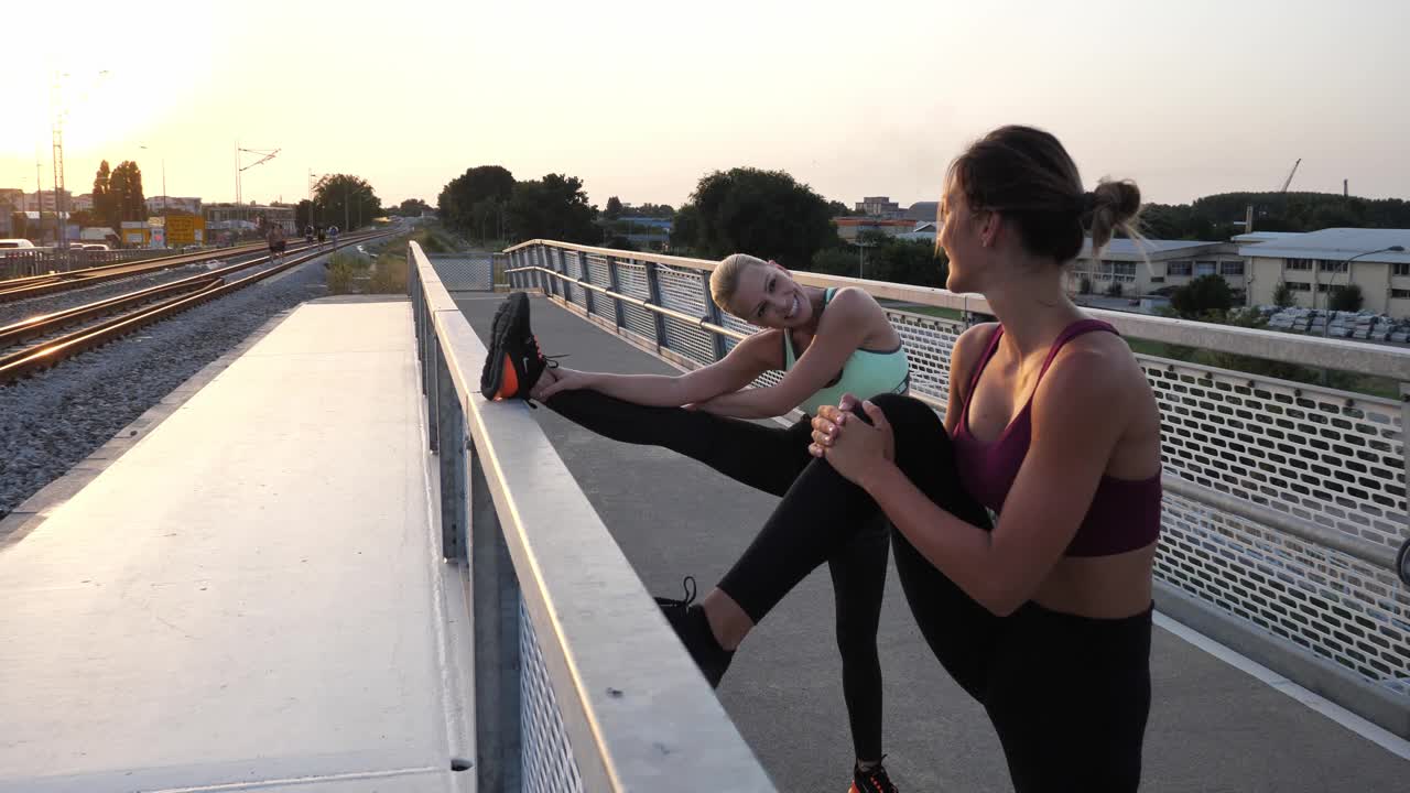 健康的女性在夏天的晚上一起在户外做瑜伽视频素材