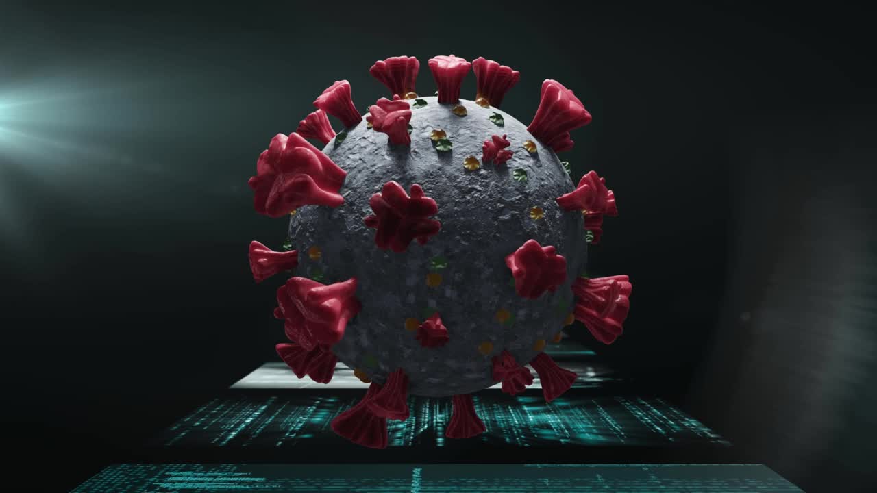 在黑色背景上进行数据处理的多屏幕新冠病毒细胞数字动画视频下载