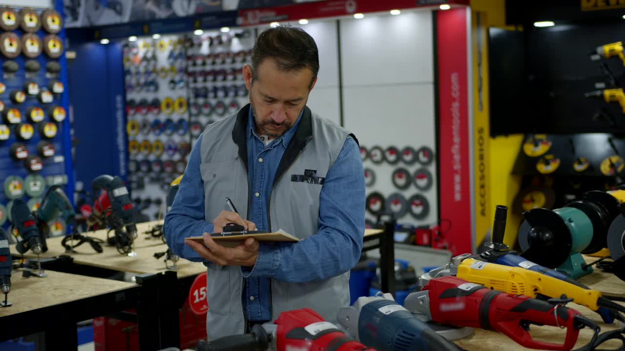 拉丁美洲人，在五金店工作，清点工具，在剪贴板上写字视频下载