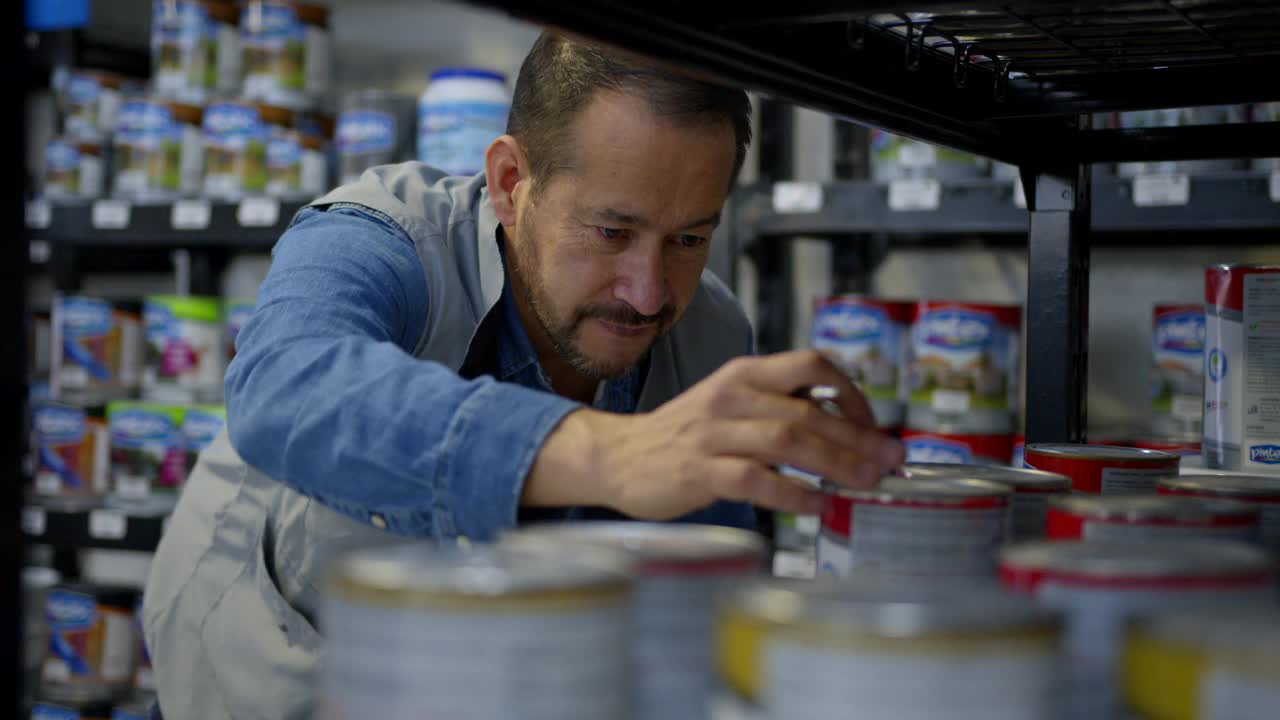 拉丁美洲人，五金店主管，检查油漆存货在剪贴板上做笔记视频素材