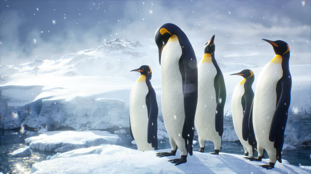 帝企鹅站在一座巨大的冰山上，欣赏极地冬天的景色。冬季自然条件下巨大的高冰川。循环动画是完美的自然和动物背景。视频下载