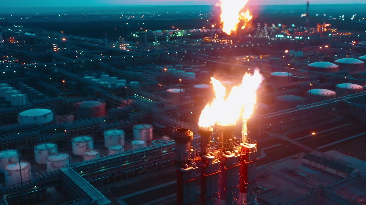 炼油厂的煤气管道在夜间被拍摄下来视频素材