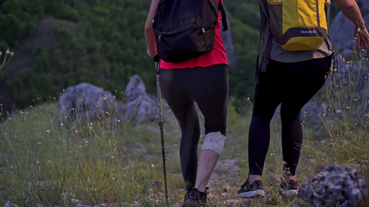 一名受伤的女性徒步者，在试图走下徒步路线时，用登山杆作为支撑，她的朋友也在帮助她视频下载