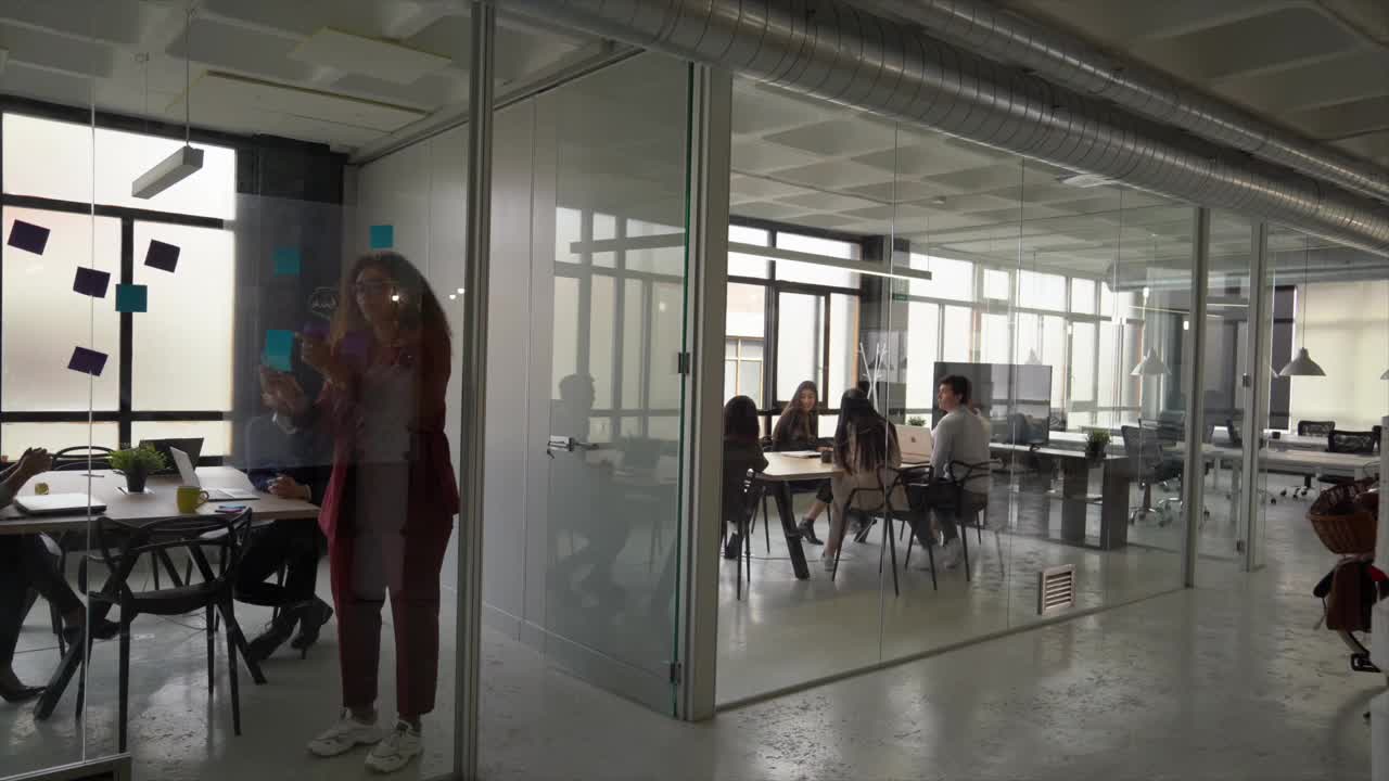 业务团队在共享办公空间的不同房间工作视频下载
