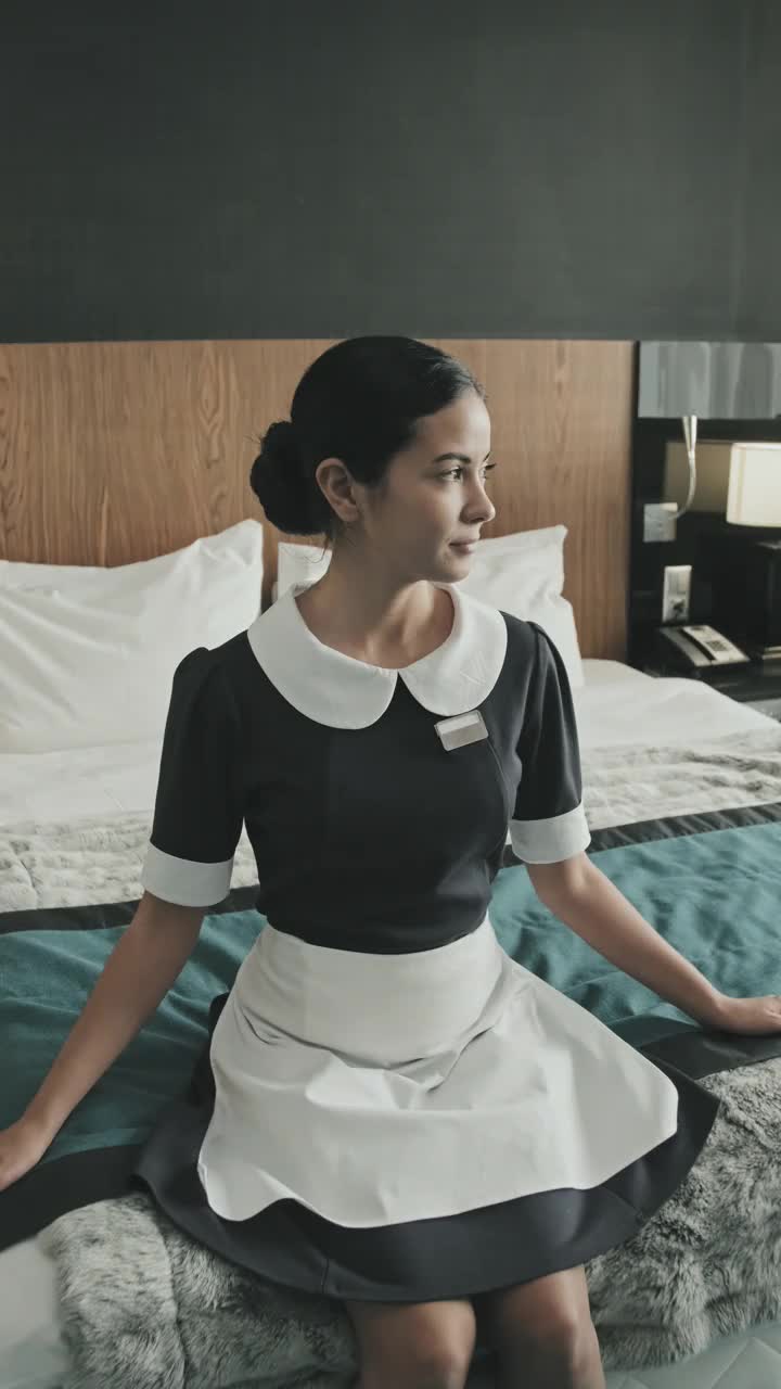 女管家坐在酒店房间的床上视频下载