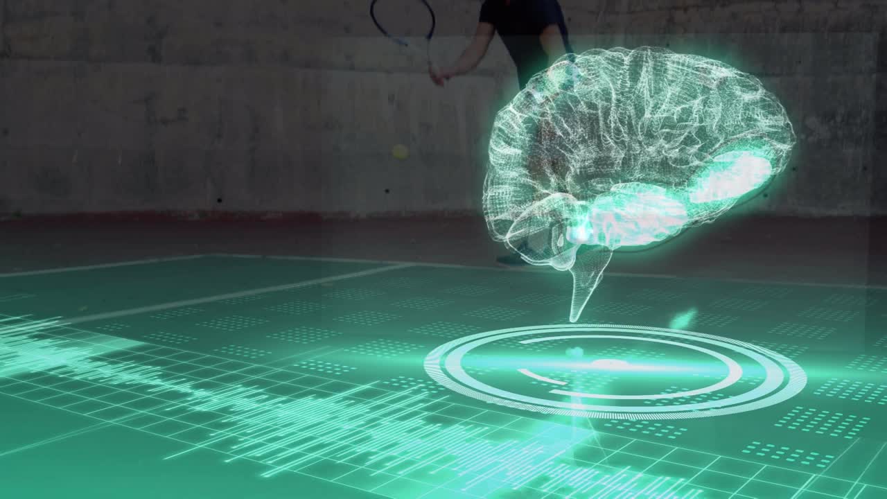 人脑模型在圆形扫描仪上旋转与白人男子在网球场上打网球视频下载