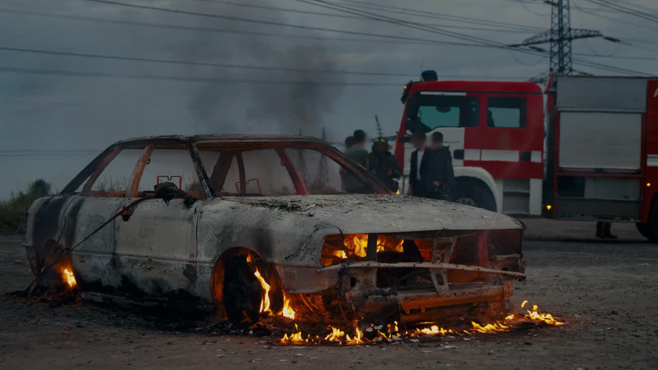 消防车停在一辆完全烧毁的汽车旁。视频素材