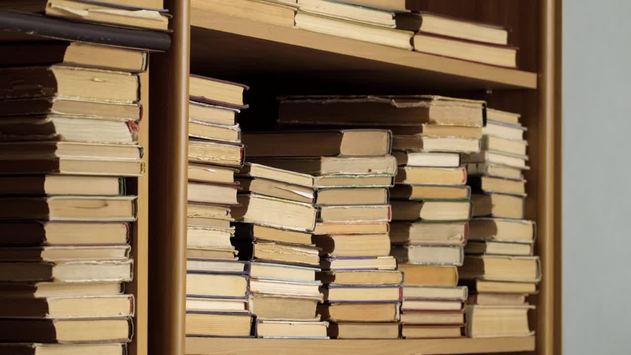 书架上有旧书。一位女士正在图书馆的书架上找书。人类选择书籍。白种人用手触摸书架上的书。阅读与教育的概念视频素材