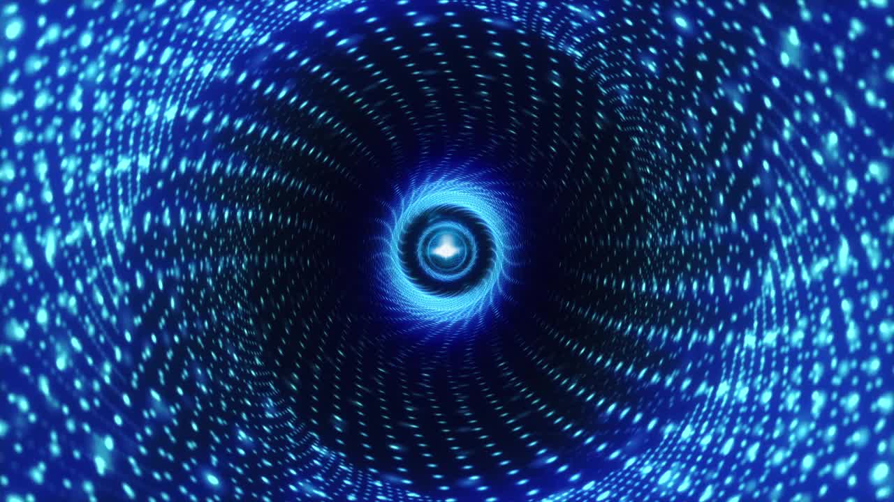 摘要发光蓝色霓虹灯圆点未来技术漩涡隧道旋转环路。4K 3D无缝循环运动现代背景过渡，VJ循环，显示，科学，技术动画。视频素材