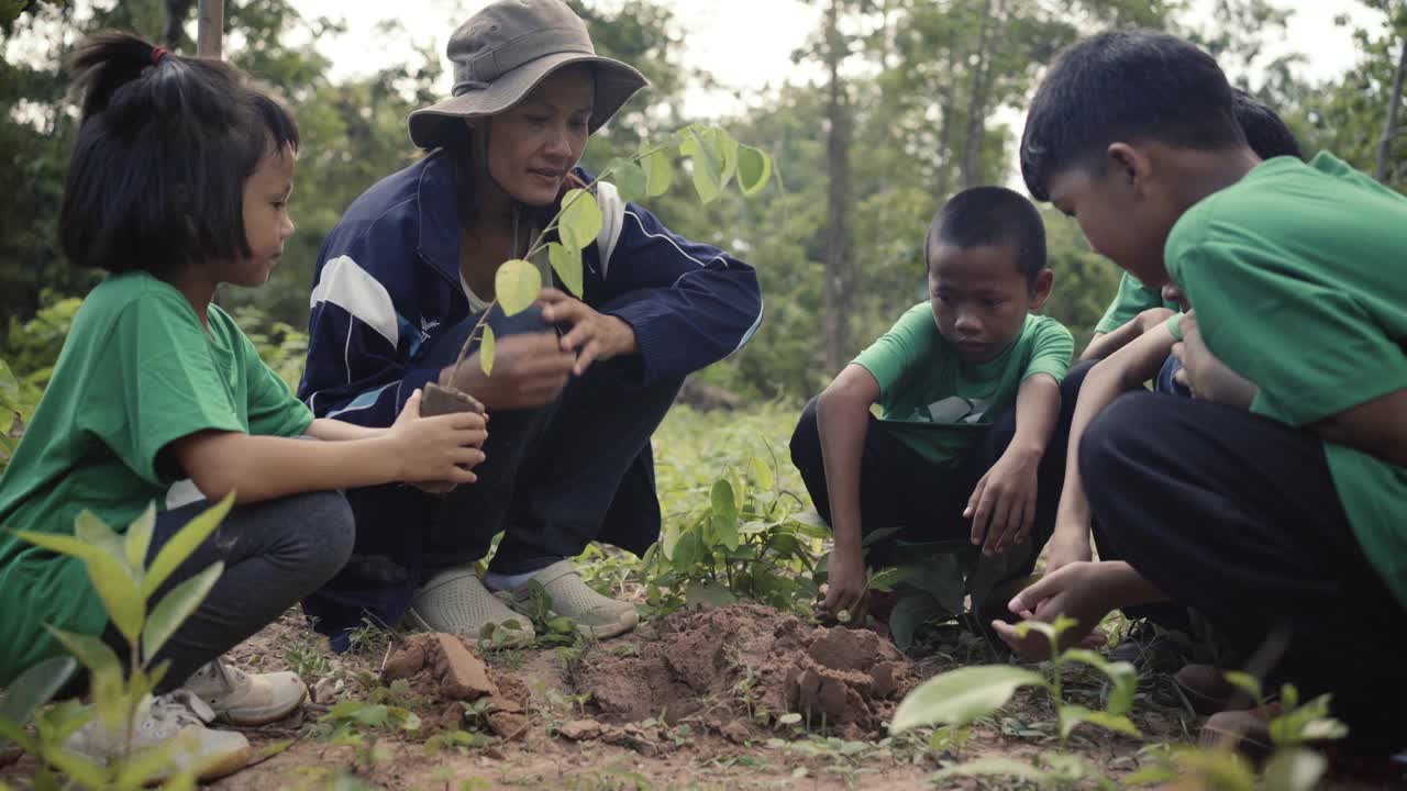 孩子们种树玩得很开心。以拯救世界的理念视频下载