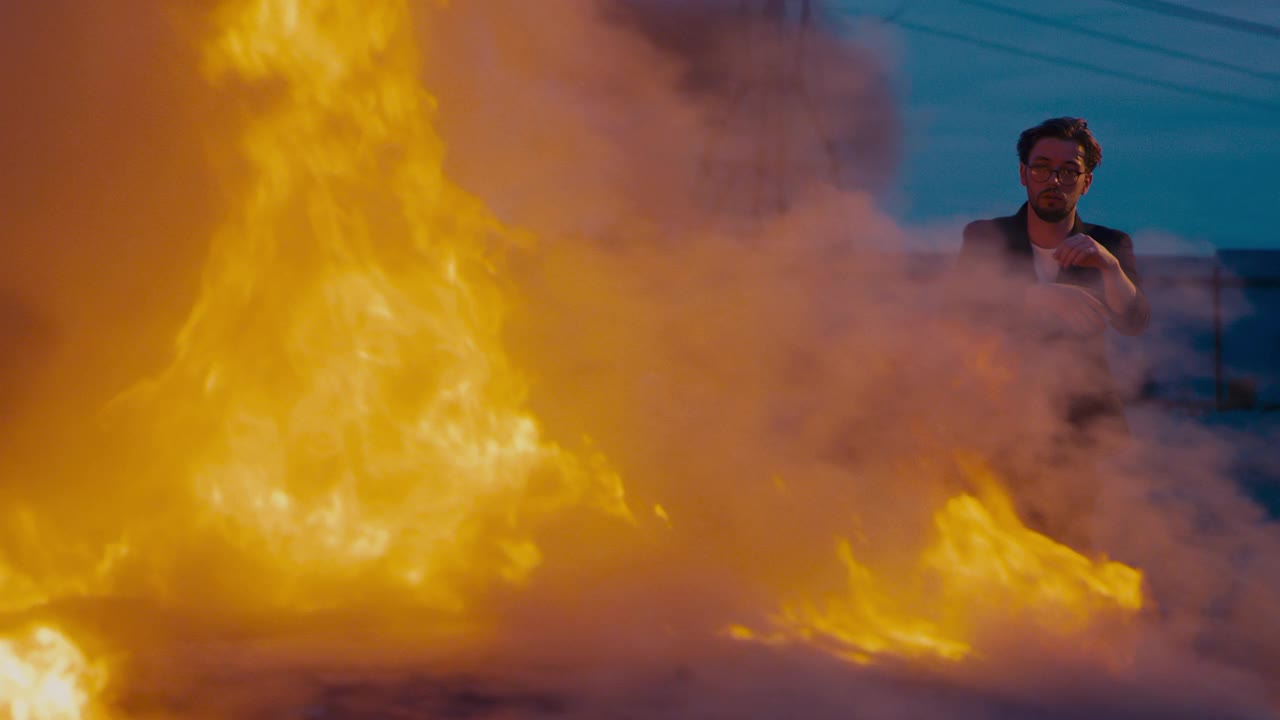 一个穿着西装的欧洲人走过一辆燃烧的汽车。视频素材