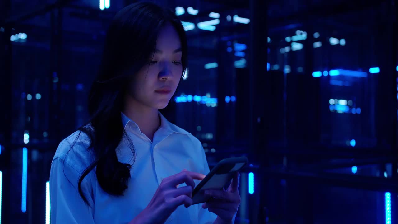 一名亚洲少女在夜晚使用5G移动智能手机，在五颜六色的紫外线灯下观看。移动互联网，新一代网络。可视化5 g的概念。视频下载