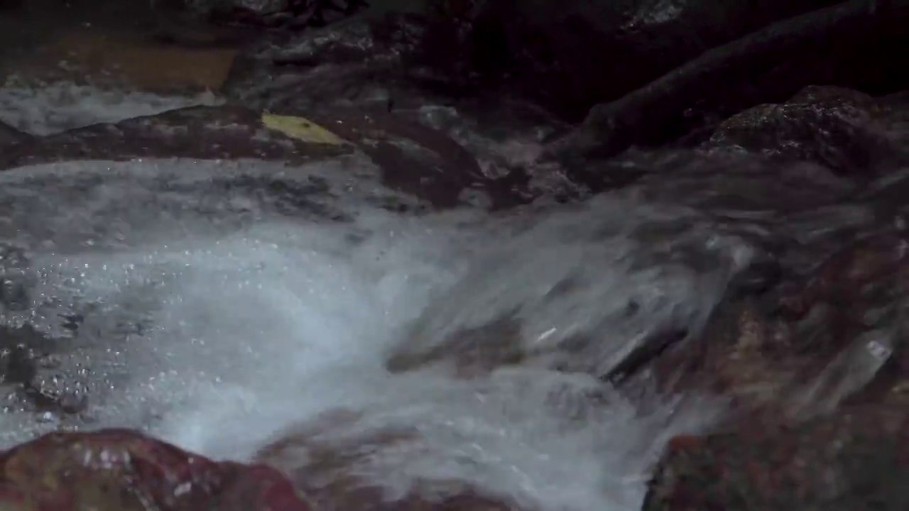 在热带雨林中，清澈的溪水流经长满苔藓的岩石、巨石和砾石之间的石溪。湍急的瀑布河急速溅起水花。视频素材