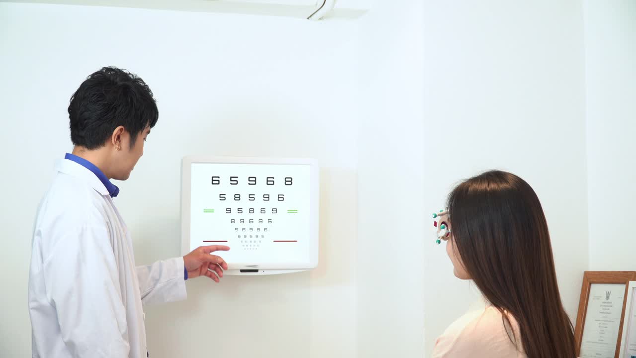 一个验光师的办公室里，男人指着视力表，斯耐伦图，亚洲年轻女子戴着可调节瞳孔间距的试架阅读进行视力测试视频下载