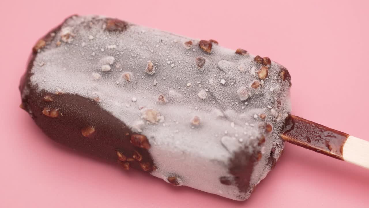 冰棒巧克力融化在粉红色的地板上。视频素材