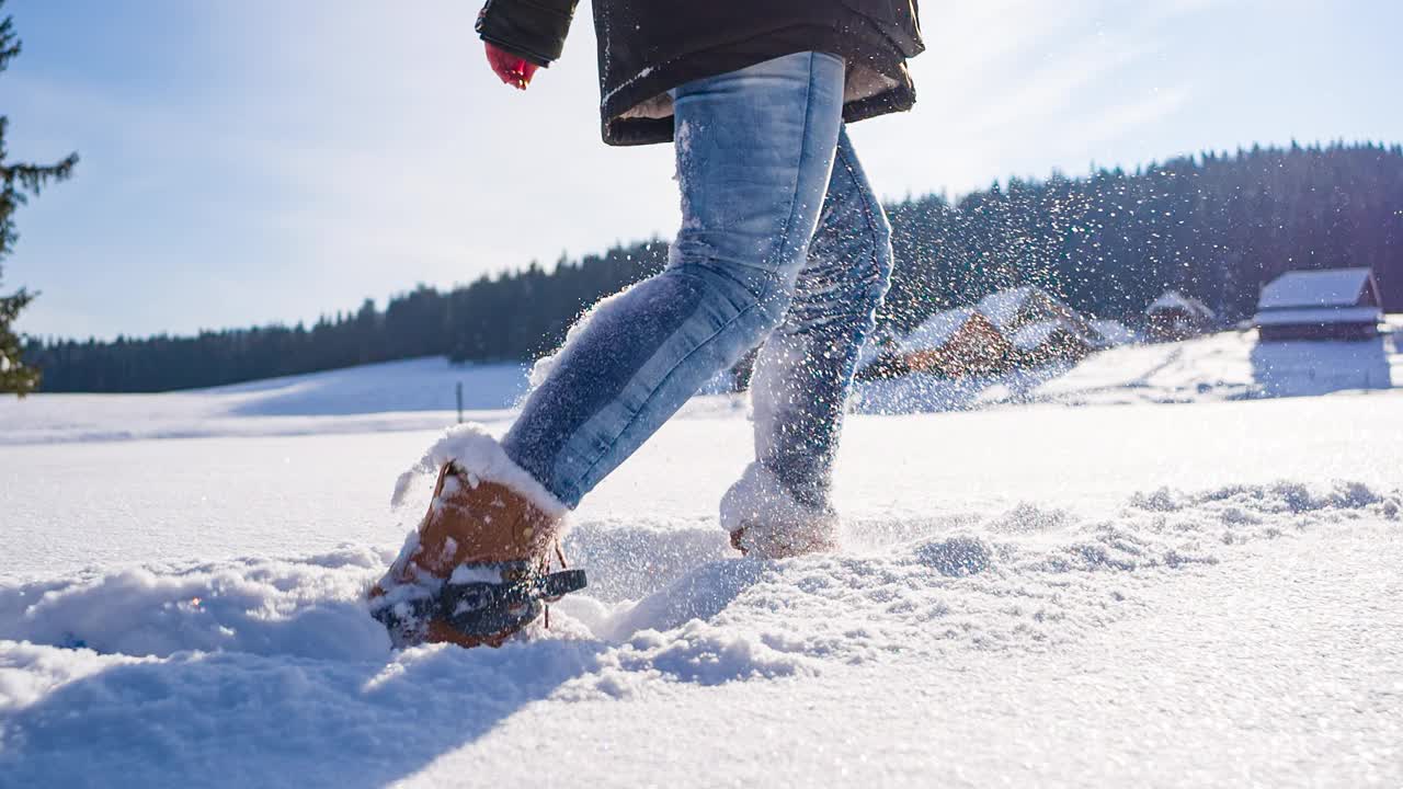 在神奇的冬季风景中穿雪鞋视频素材