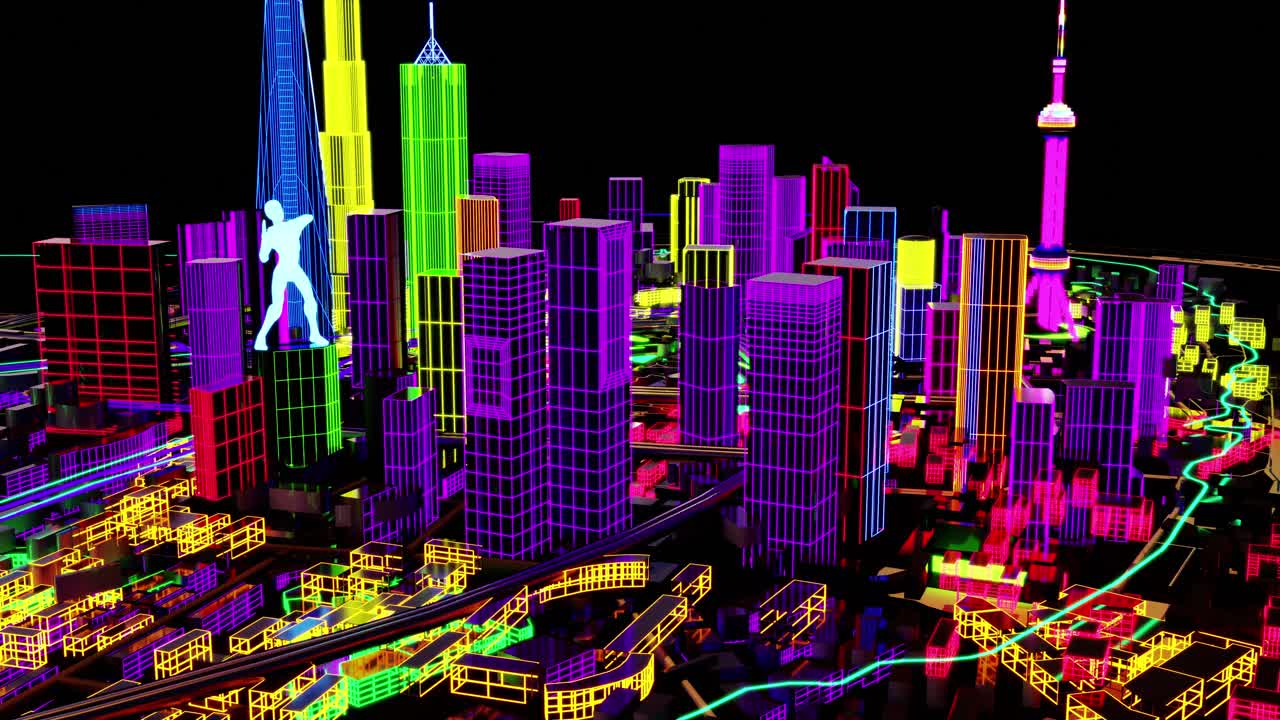 3 d动画。未来反乌托邦上海城市鸟瞰图，投射到赛博朋克建筑上视频素材