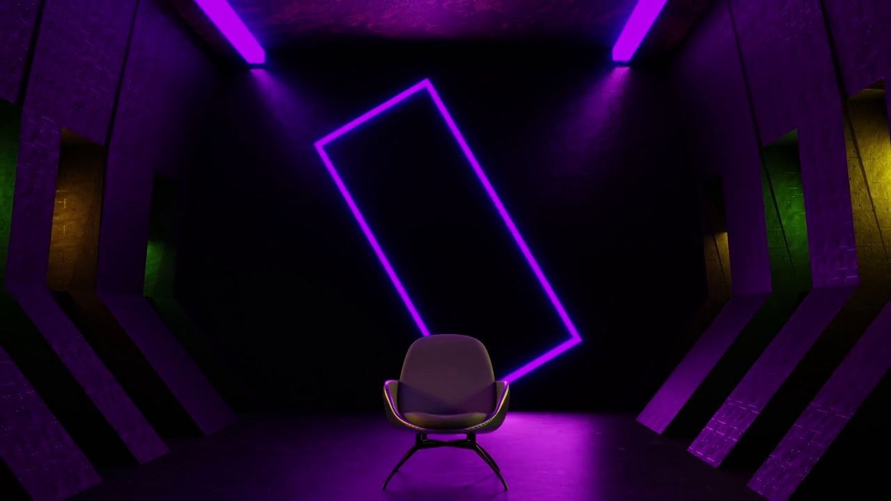 未来科幻小说中黑暗的空房间。紫色霓虹灯发光。地板与反射三维渲染动画。概念，网络朋克，朋克视频素材