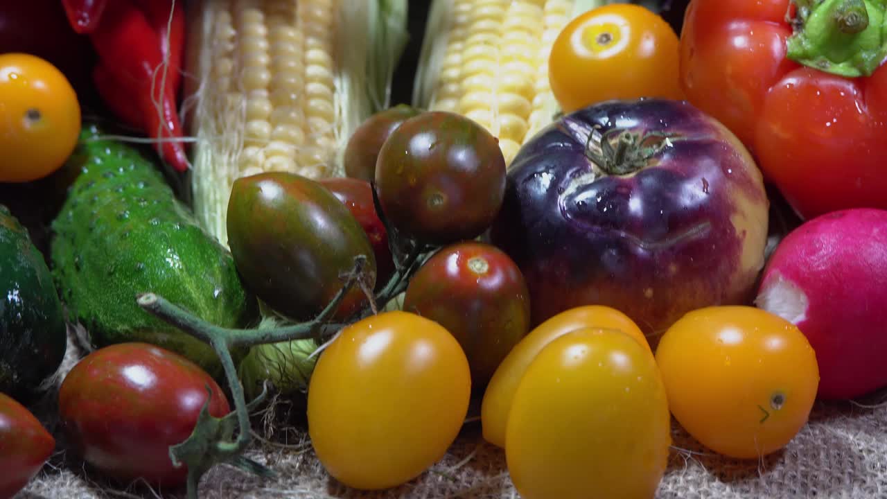素食健康食品，蔬菜:黄瓜、番茄、辣椒等，微距摄影视频素材