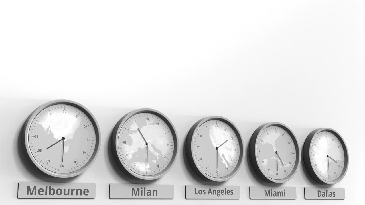 在世界时区内显示洛杉矶时间的圆形时钟视频下载