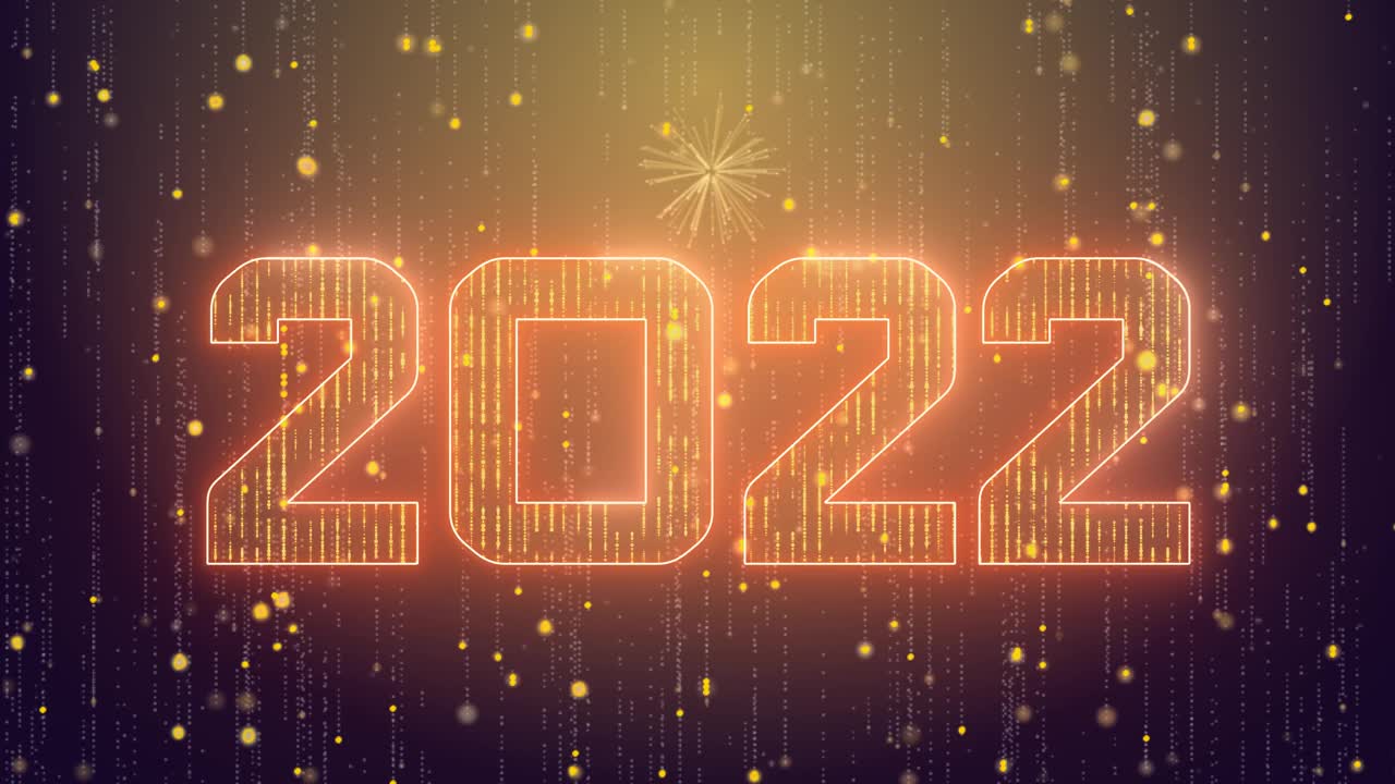 4K金色新年快乐2022闪闪发光的年烟花火花和粒子背景。视频素材