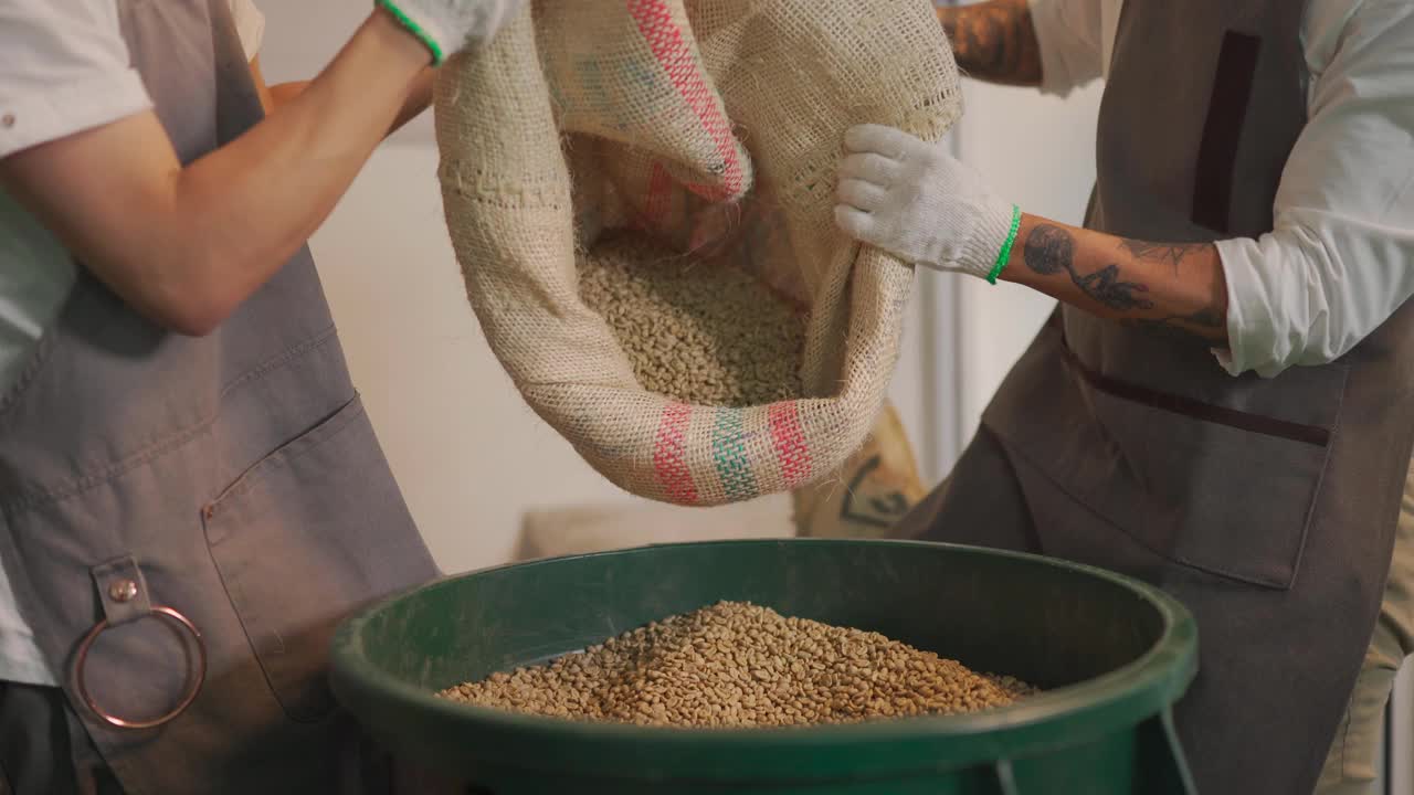 近亚洲中国工匠和工人倒生咖啡豆从袋子到桶准备烘焙过程视频下载