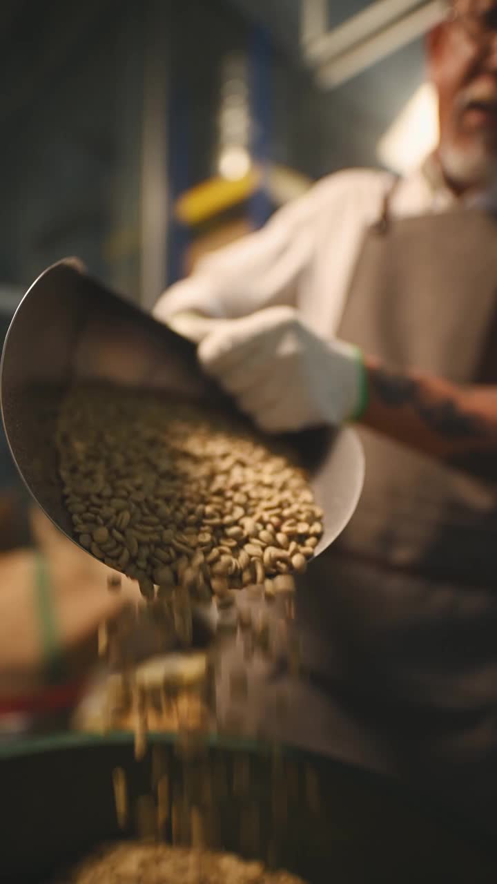 在工厂的仓库里，亚洲华人工作人员将生咖啡豆从桶中舀到秤机上，并将其混合用于咖啡烘焙过程视频素材