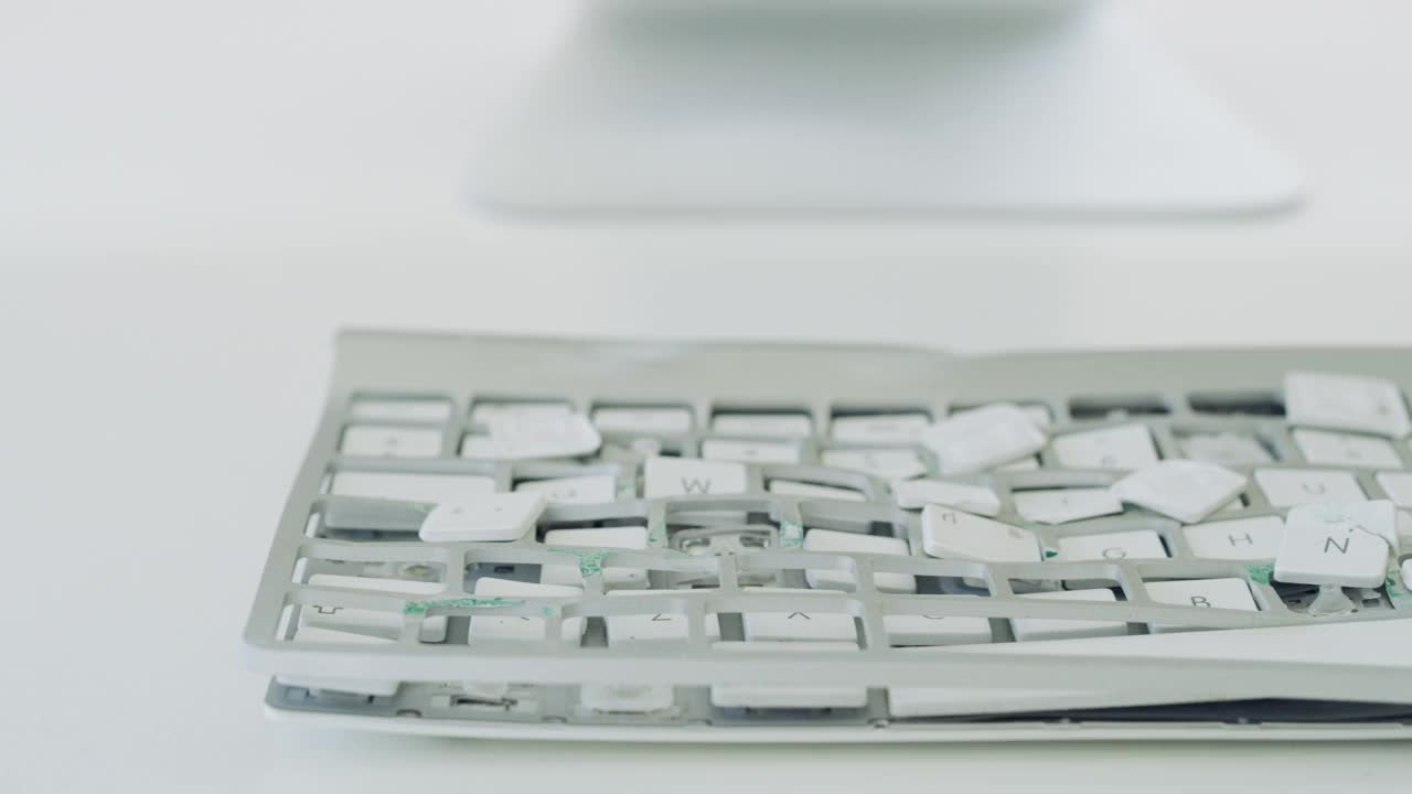 白天，一间空办公室的桌子上有一个坏掉的键盘视频素材