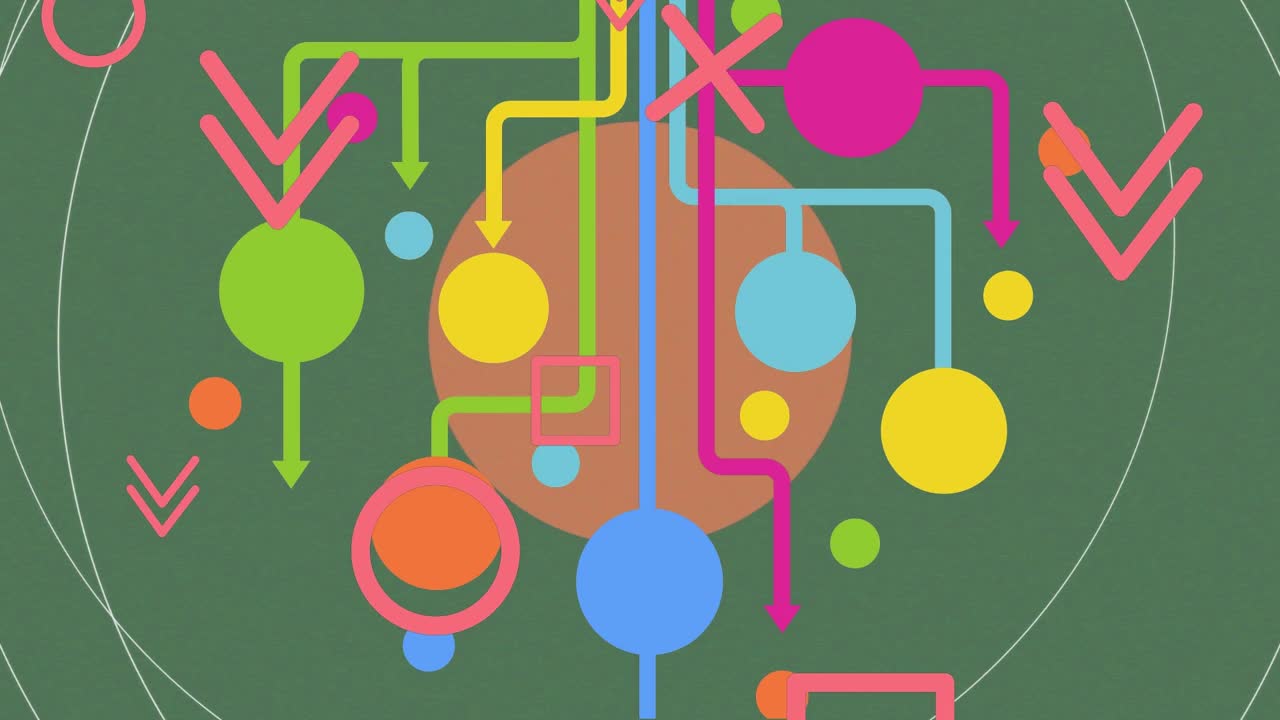 动画的彩色连接的圆圈和粉红色的形状移动在绿色背景视频素材