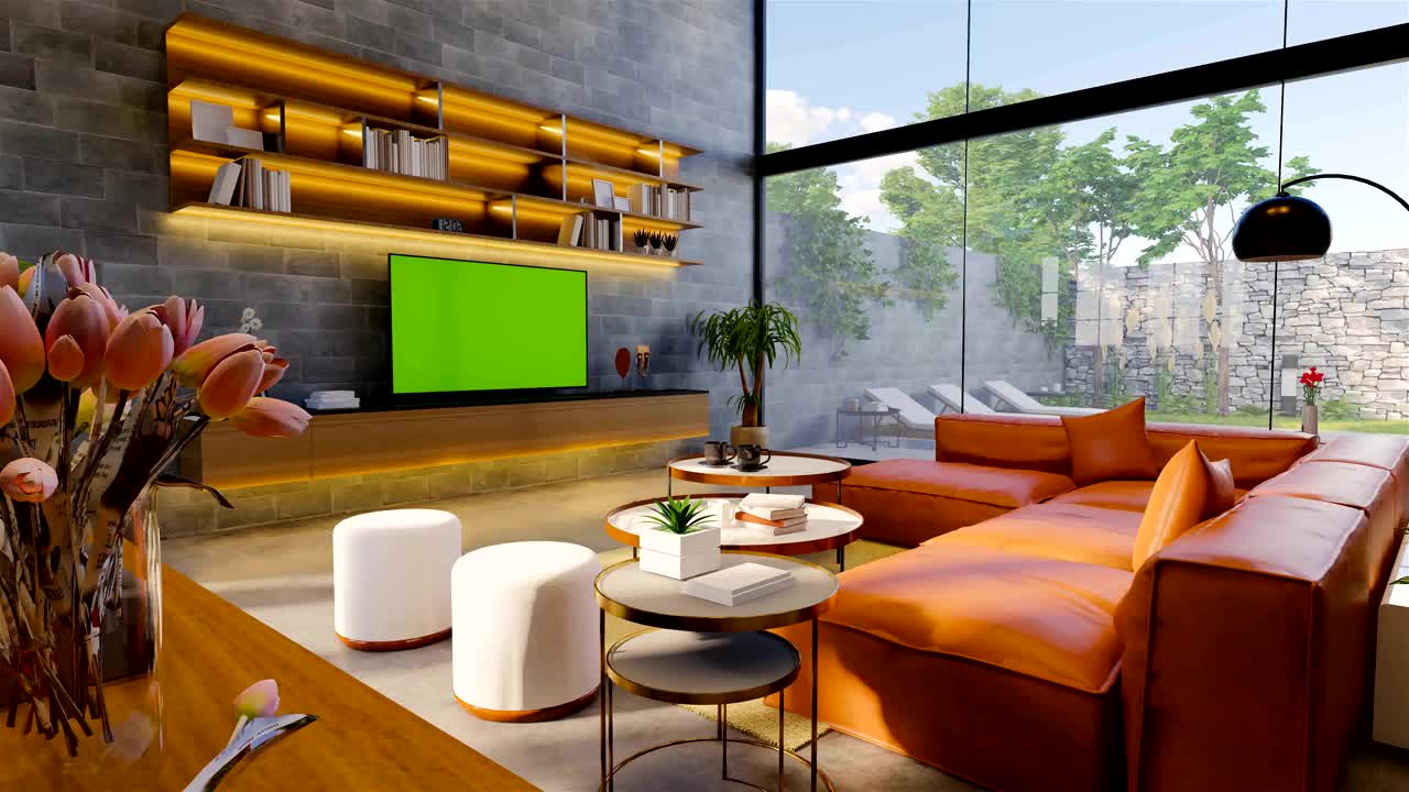 3 d渲染。室内住宅现代开放的生活空间与厨房。现代风格的复式公寓住宅。家居装饰现代loft室内设计。视频下载