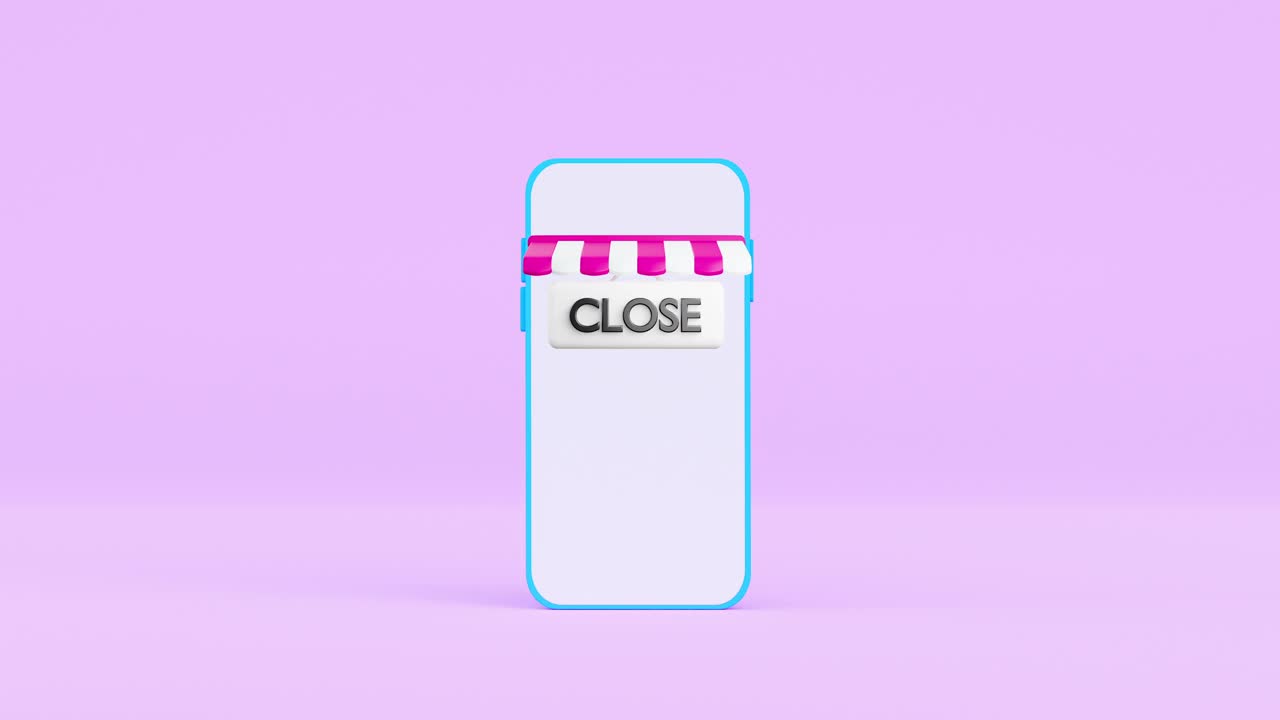 3d Shop在线智能手机开业标志，关闭的业务为开放的业务。通道哑光组成。概念:购物，开业，关门，购物。视频素材