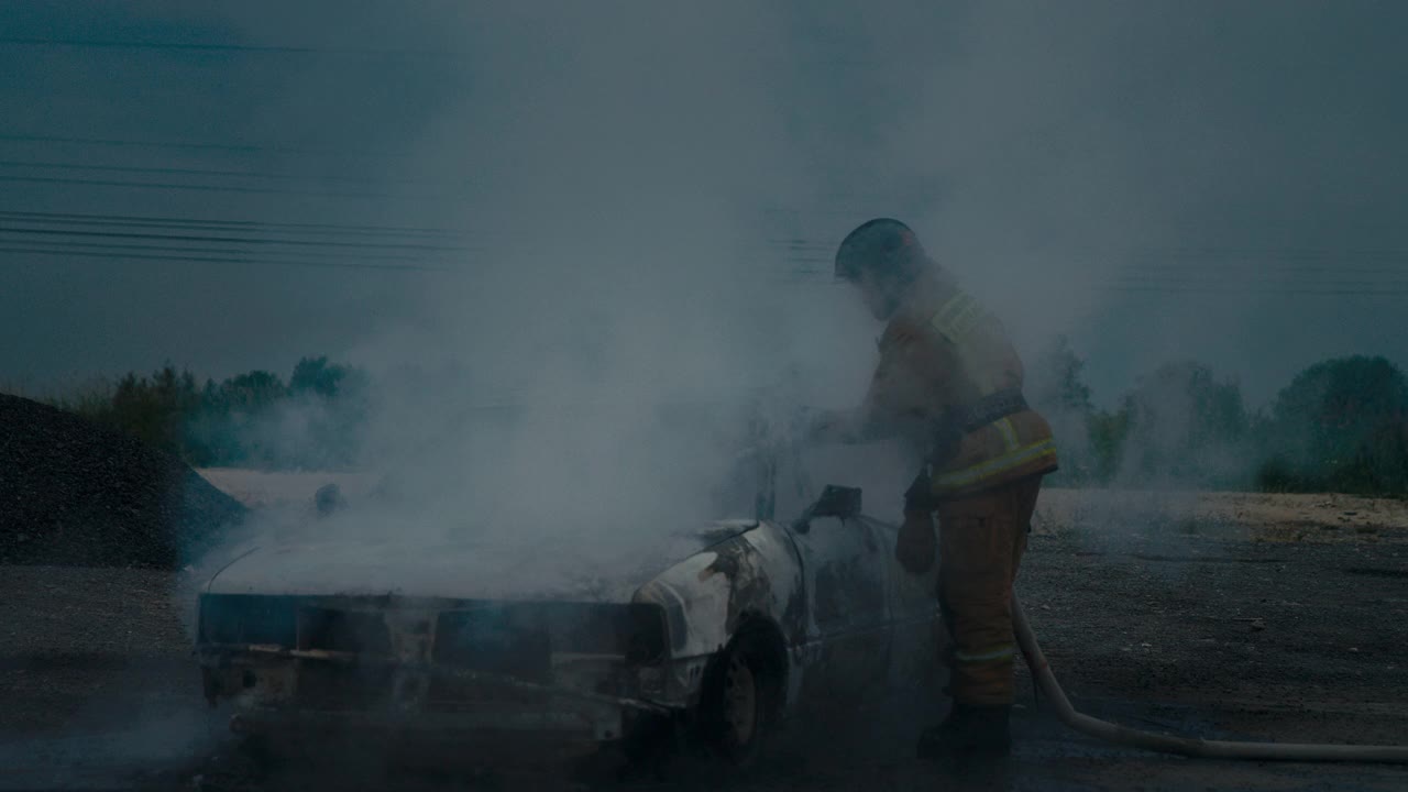 消防队员扑灭了街上一辆被完全烧毁的汽车。大量的烟雾。视频素材