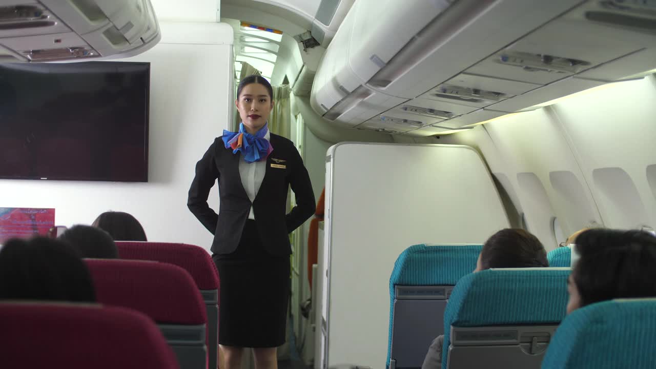 空中小姐向乘客示范安全带安全程序视频下载
