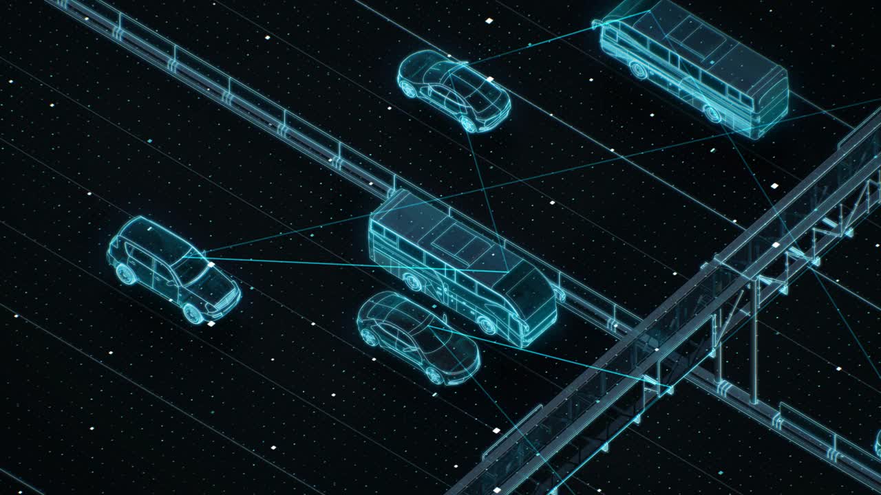 高速公路前方自动驾驶、人工智能、物联网将汽车连接起来。蓝色x射线视图，4k动画。视频下载
