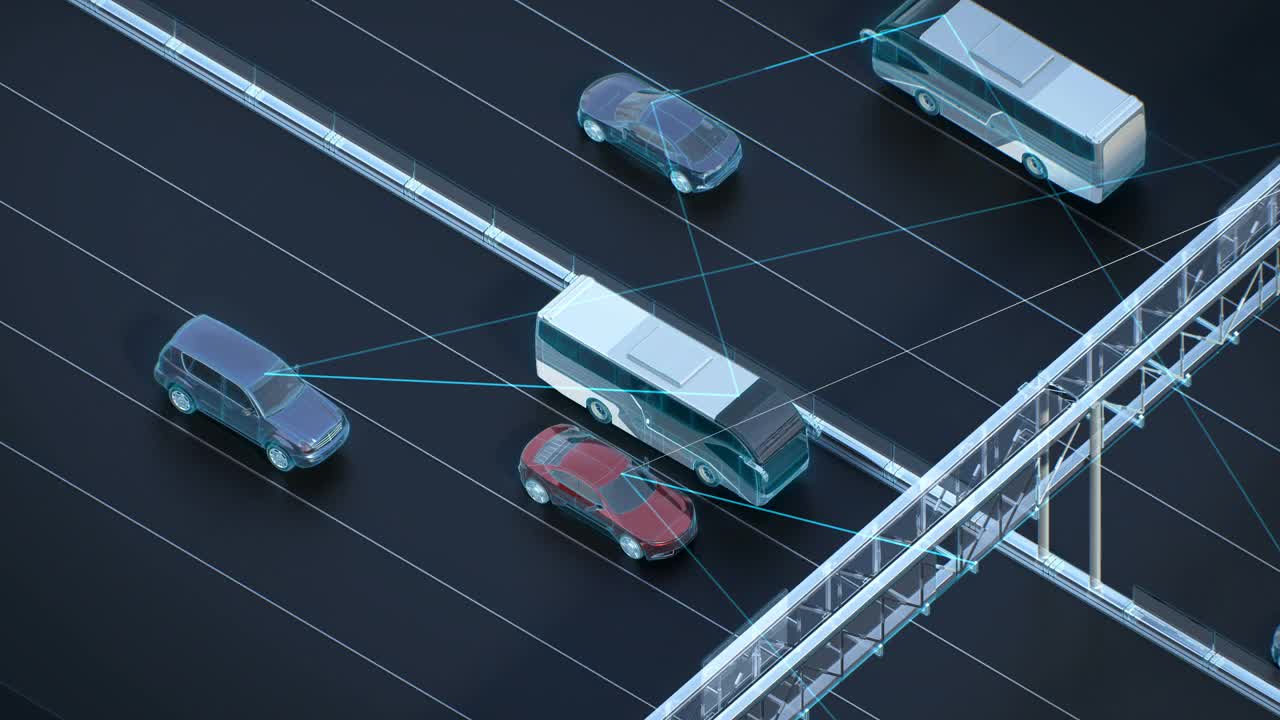 高速公路前方自动驾驶、人工智能、物联网将汽车连接起来。4 k动画。视频下载