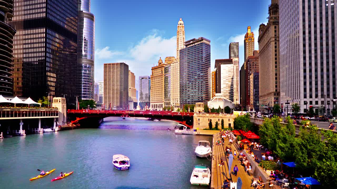 芝加哥。河。金融区。鸟瞰图视频素材