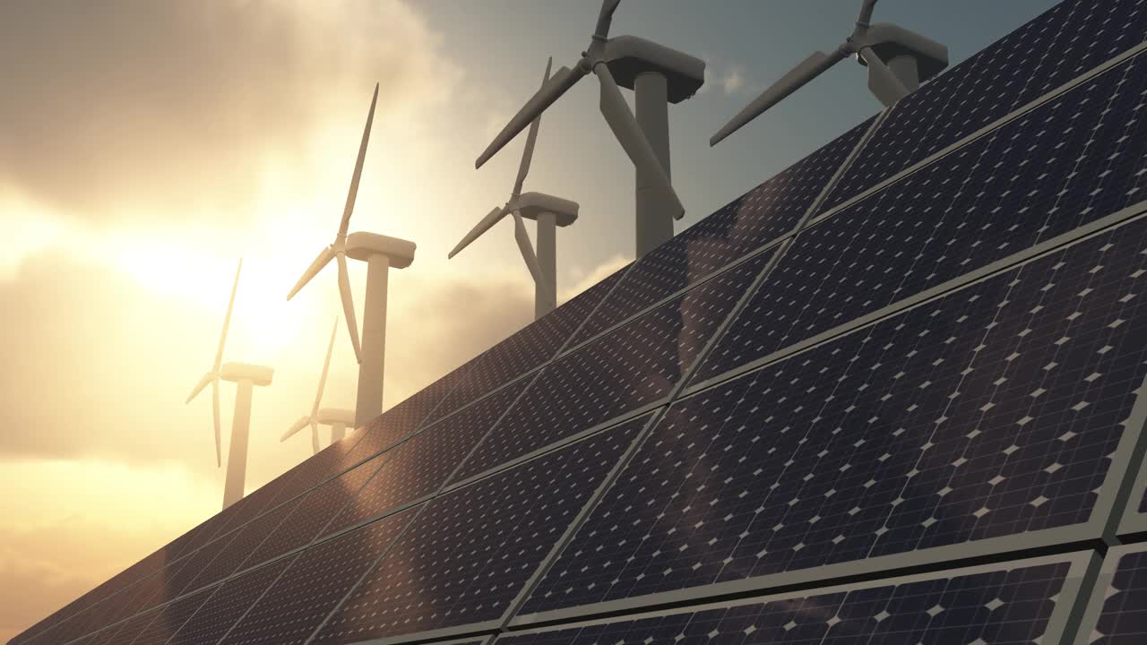 太阳能电池工厂和风力发电机连接到智能电网。间隔拍摄日落。视频素材