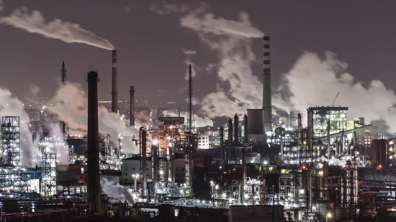 石化工厂和炼油厂T/L TU夜间鸟瞰图视频下载