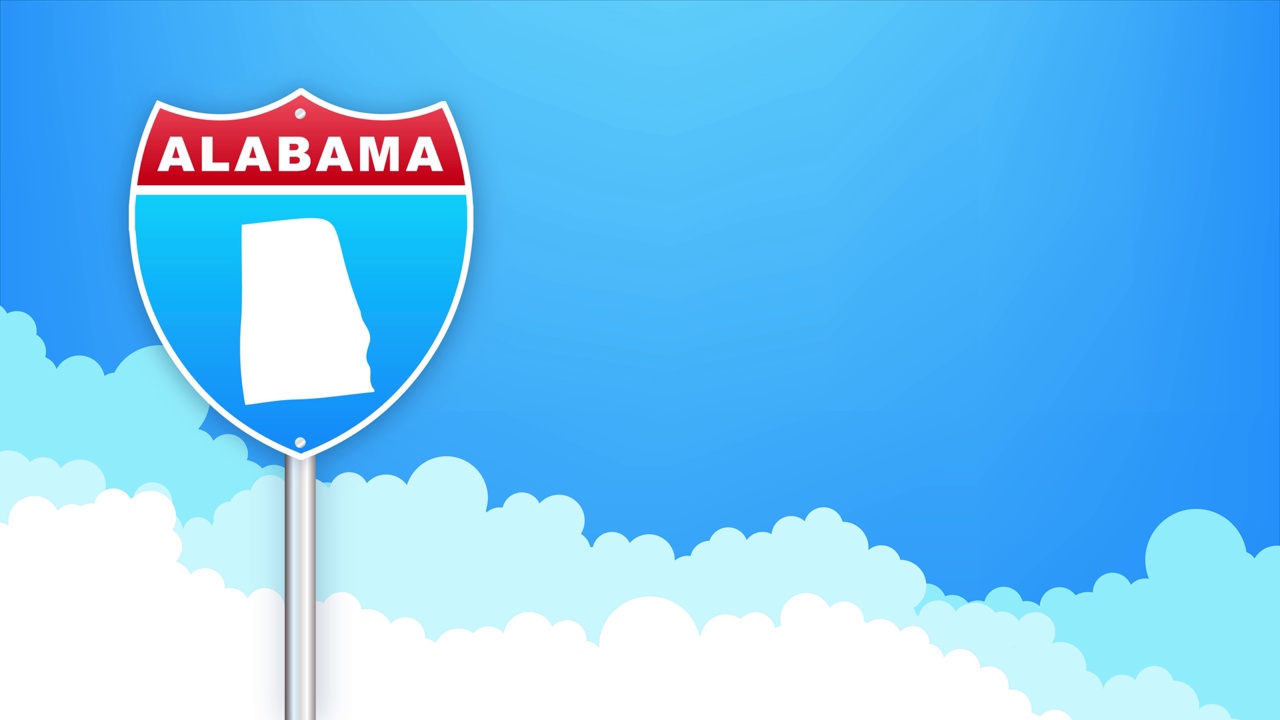 路标上有阿拉巴马州地图。欢迎来到路易斯安那州。运动图形。视频下载