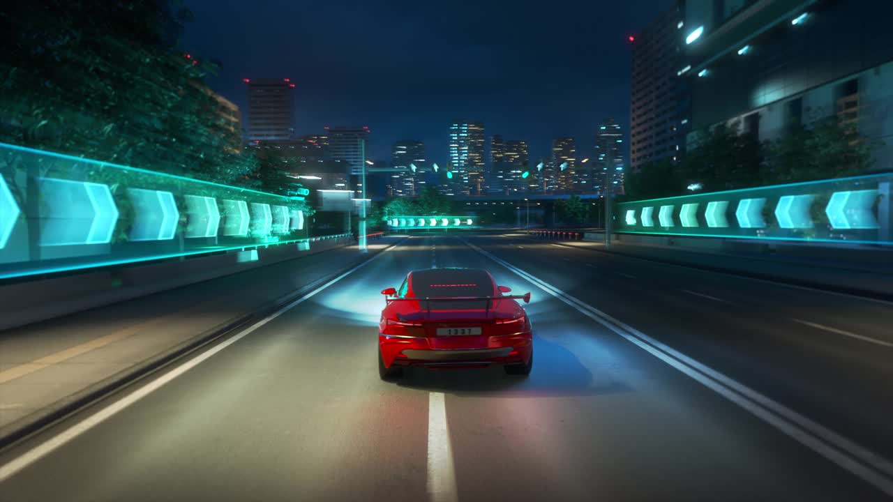 带有界面的赛车模拟器视频游戏的玩法。计算机生成的3D汽车在现代城市的夜间高速公路上快速行驶和漂移。视效动画。第三人称视角。视频素材